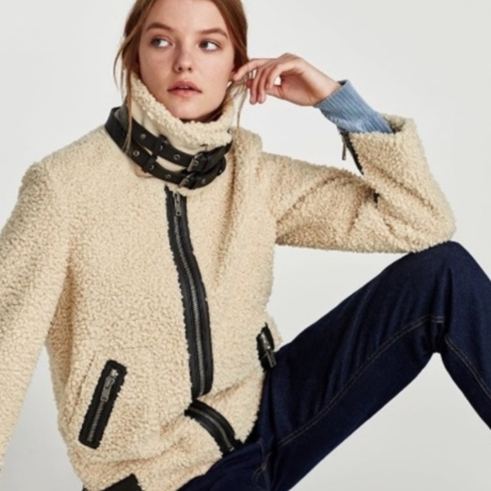 Zara Teddy Faux Shearling Aviator Moto Jacket